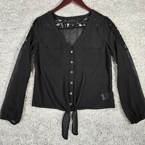 Bebe Womens Sheer Lace Button Up Blouse Black Tie Front Long Sleeve‎ Small Goth